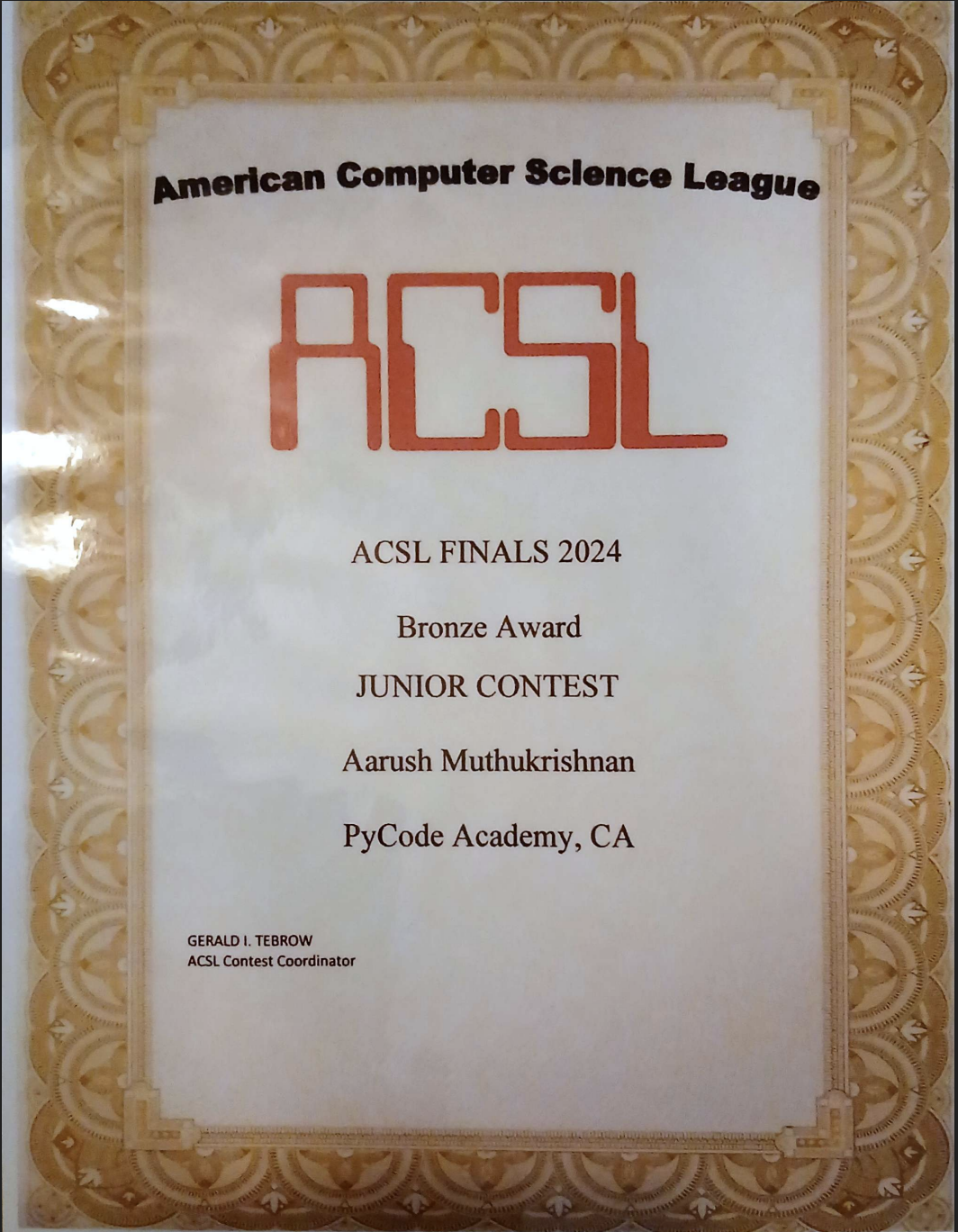 Bronze Medal - American Computer Science League Junior Division - May 25, 2024