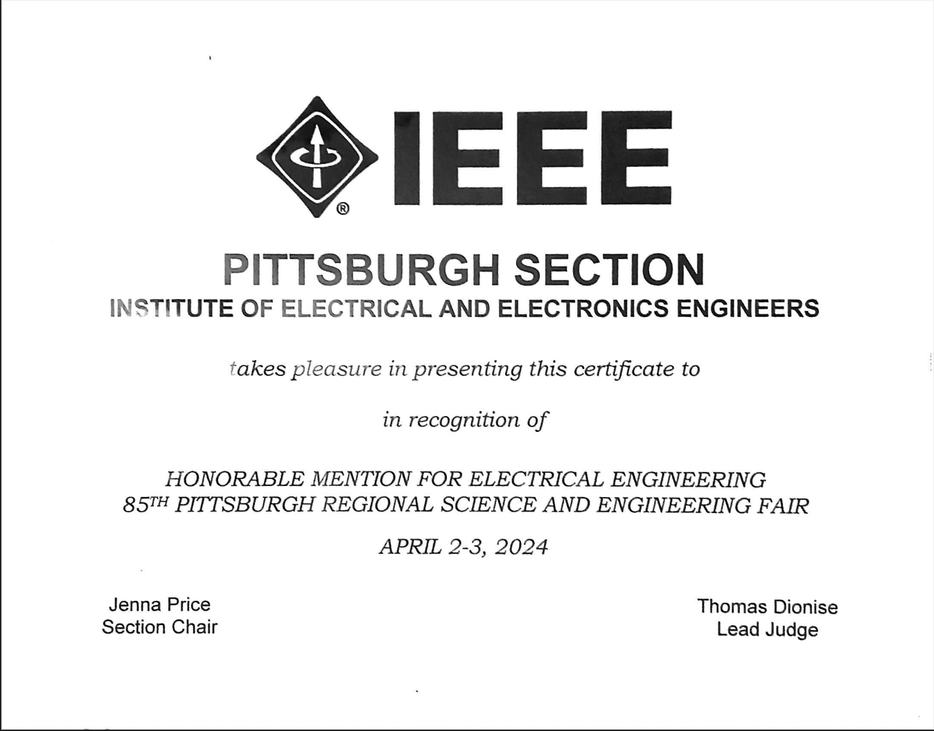 Honorable Mention - Institute of Electrical and Electronics Engineers - April 2, 2024