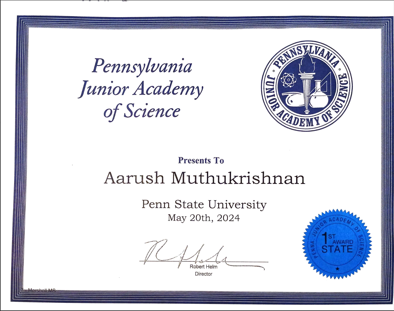 1st Place - Pennsylvania Junior Academy of Science - May 20, 2024